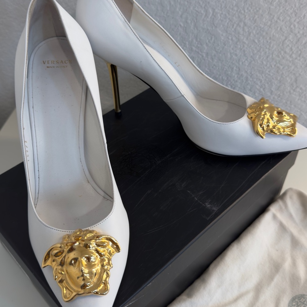 Versace White Heels with Gold Medusa Accent - Picture 2 of 7